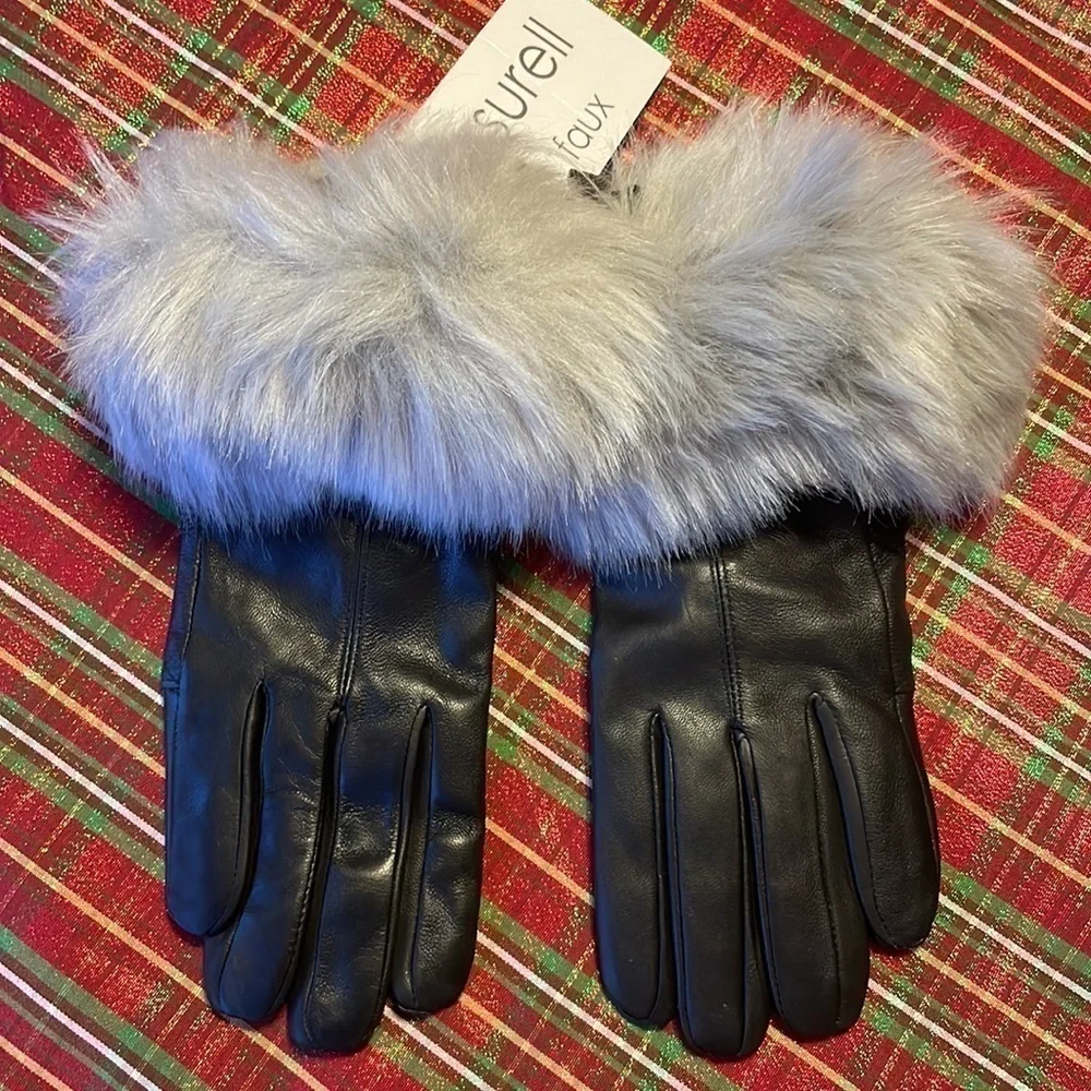 Brand New SURELL Genuine Leather Black Gloves with Gray Faux Fur Cuff